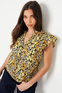 Petite Yellow Floral Button Front Ruffle Shell Top