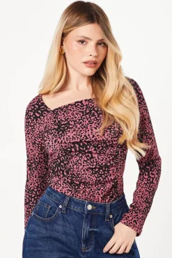 Pink Animal Ruched Front Long Sleeve Top