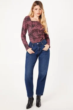 Pink Animal Ruched Front Long Sleeve Top