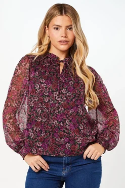 Pink Ditsy Floral Chiffon Ruffle Shoulder Overhead Blouse