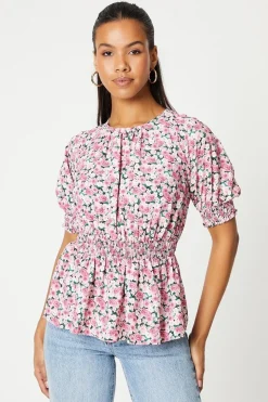 Pink Ditsy Shirred Waist Blouse