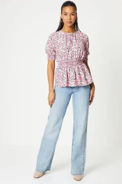 Pink Ditsy Shirred Waist Blouse