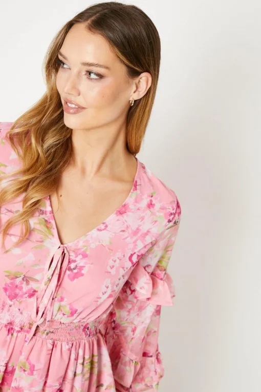 Pink Floral Chiffon Frill Mini Dress