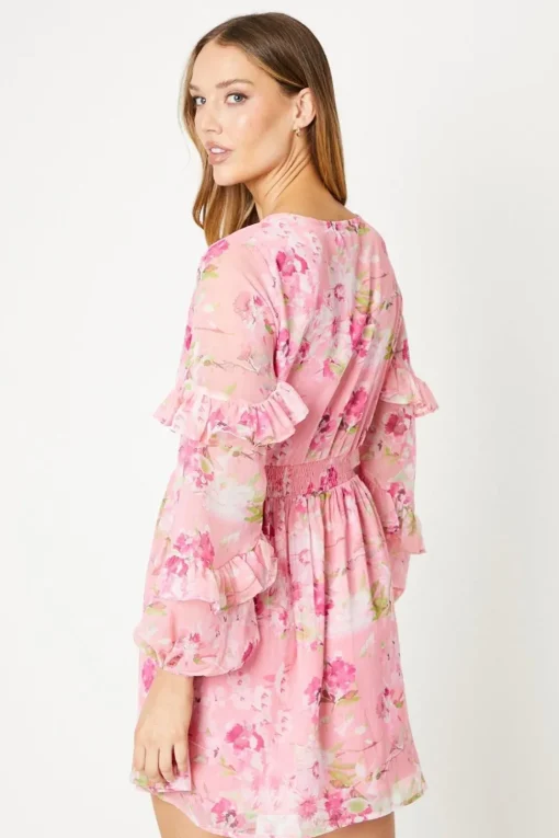 Pink Floral Chiffon Frill Mini Dress