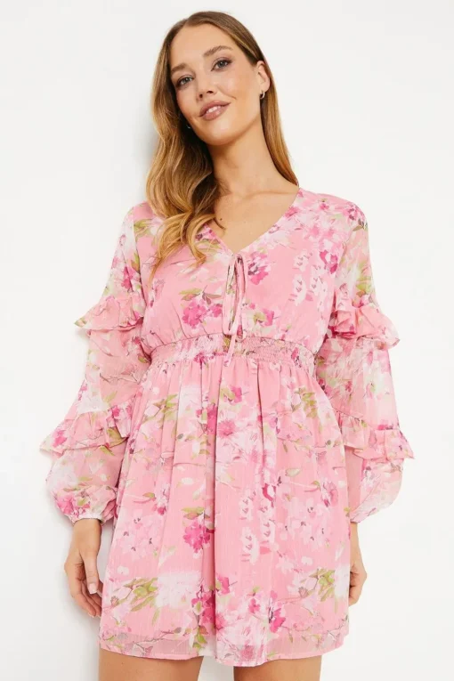 Pink Floral Chiffon Frill Mini Dress