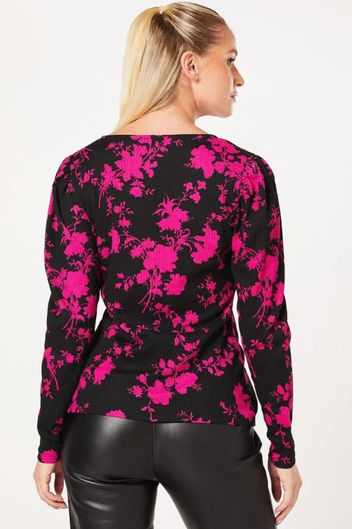 Pink Floral Empire V Neck Long Sleeve Top