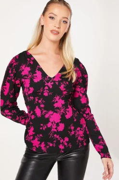 Pink Floral Empire V Neck Long Sleeve Top
