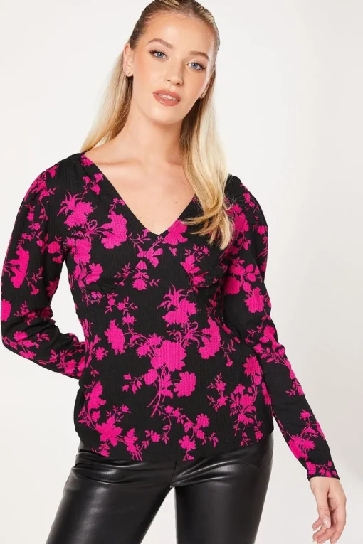 Pink Floral Empire V Neck Long Sleeve Top