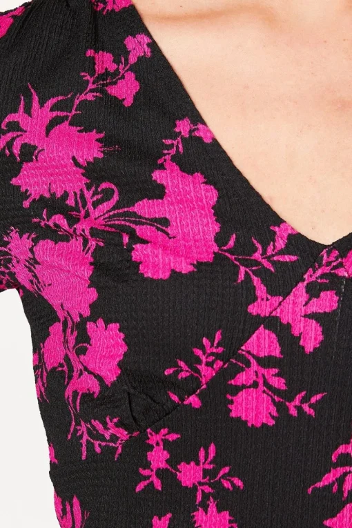 Pink Floral Empire V Neck Long Sleeve Top