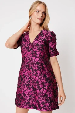 Pink Floral Jacquard Puff Sleeve Mini Dress