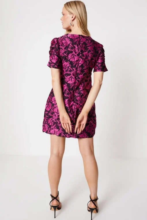 Pink Floral Jacquard Puff Sleeve Mini Dress