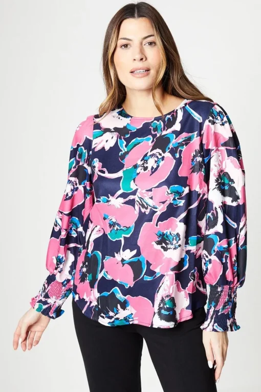 Pink Floral Shirred Cuff Top
