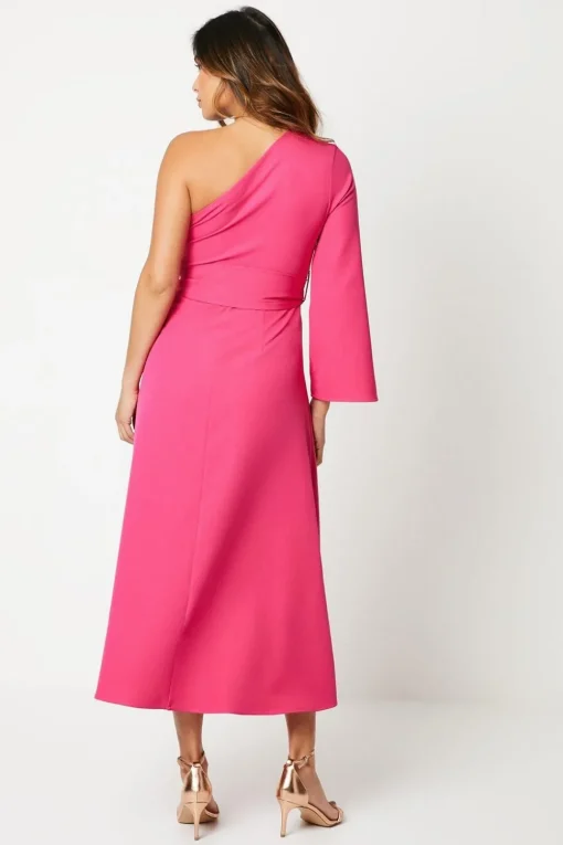 Pink One Shoulder Belted Occasion Dress