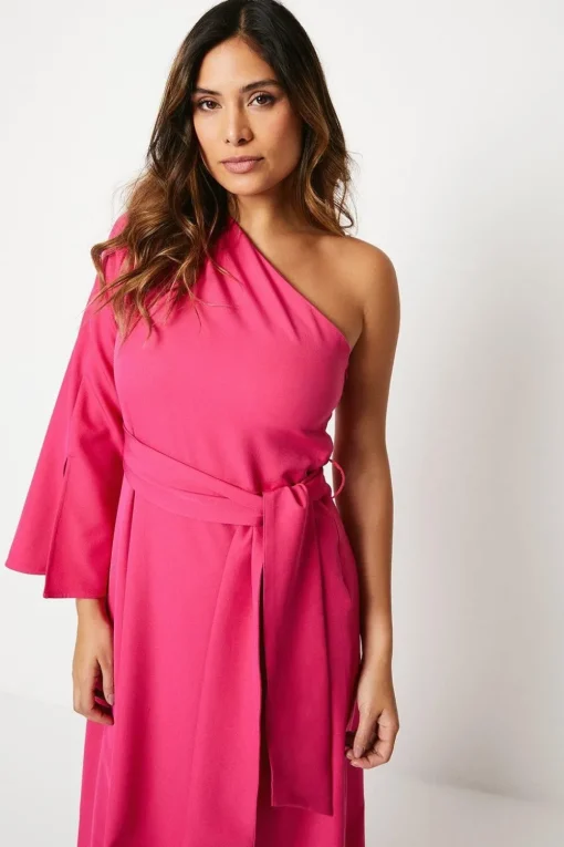 Pink One Shoulder Belted Occasion Dress
