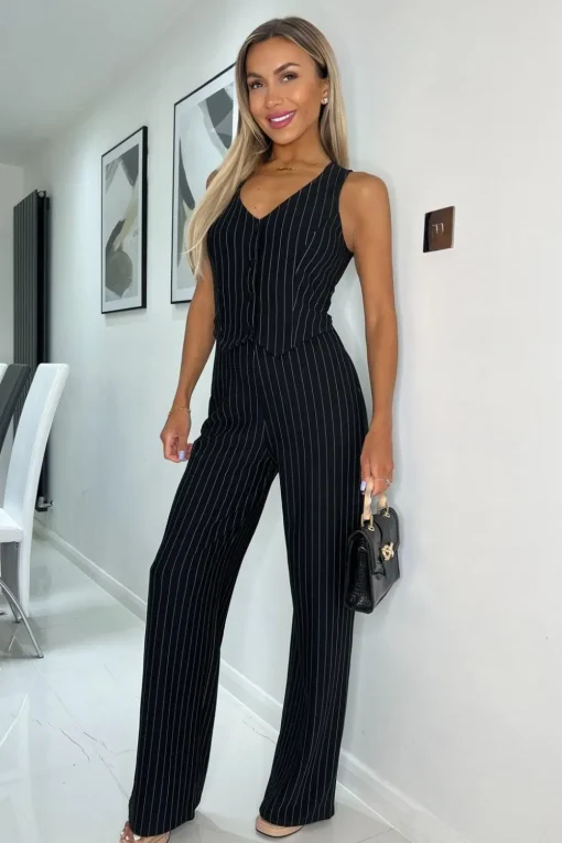 Pinstripe Waistcoat Detail Wide Leg Jumpsuit