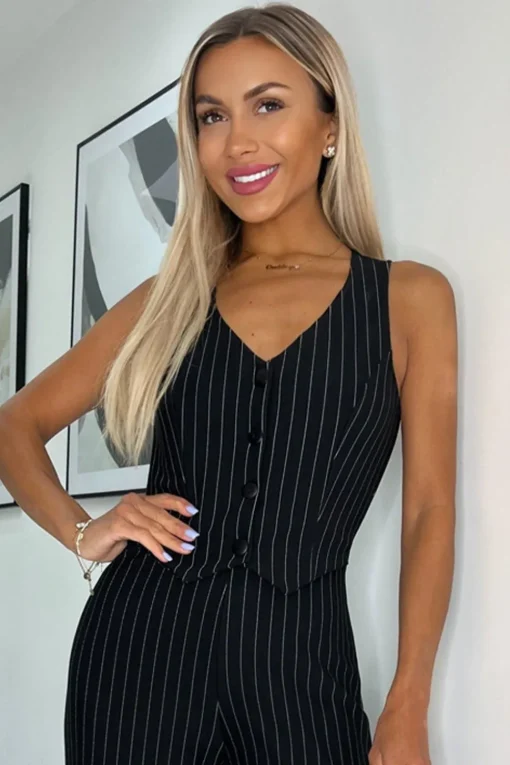 Pinstripe Waistcoat Detail Wide Leg Jumpsuit