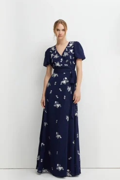 Placement Embroidery Puff Sleeve Bridesmaids Maxi Dress