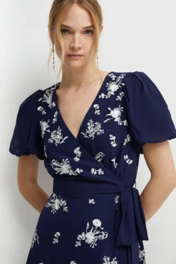 Placement Embroidery Puff Sleeve Bridesmaids Maxi Dress