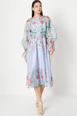 Placement Print Cloudy Organza Midi Dress