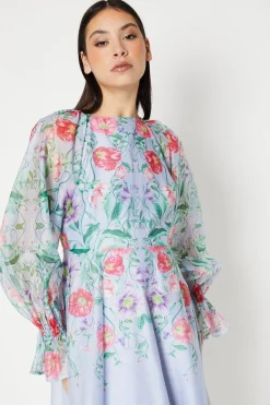 Placement Print Cloudy Organza Midi Dress