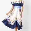 Placement Print Drape Neck Handkerchief Hem Midi Dress