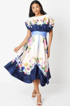 Placement Print Drape Neck Handkerchief Hem Midi Dress