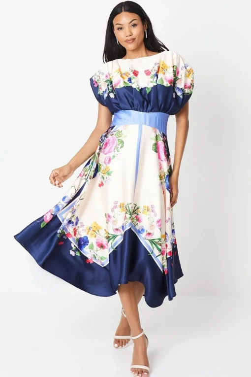 Placement Print Drape Neck Handkerchief Hem Midi Dress