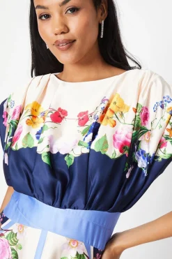 Placement Print Drape Neck Handkerchief Hem Midi Dress