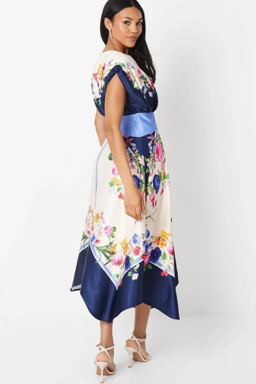 Placement Print Drape Neck Handkerchief Hem Midi Dress