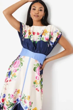 Placement Print Drape Neck Handkerchief Hem Midi Dress