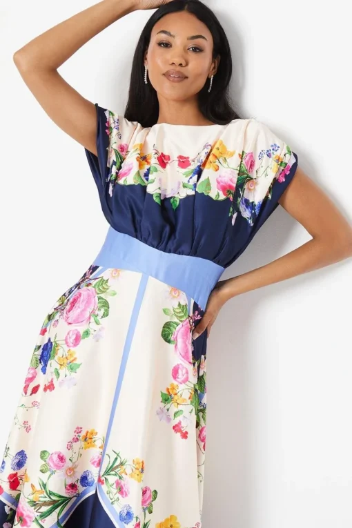 Placement Print Drape Neck Handkerchief Hem Midi Dress