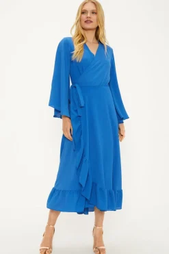 Plain Flute Sleeve Ruffle Wrap Dress