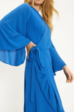 Plain Flute Sleeve Ruffle Wrap Dress