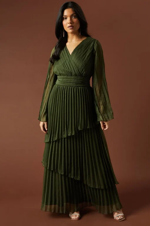 Plain Pleated Asymmetric Tiered Maxi Dress