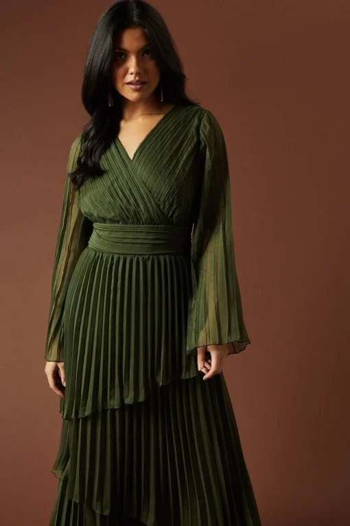 Plain Pleated Asymmetric Tiered Maxi Dress