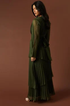 Plain Pleated Asymmetric Tiered Maxi Dress