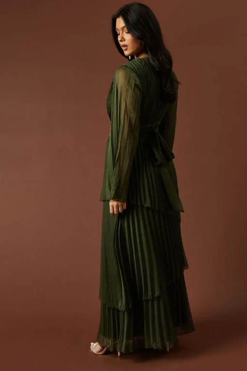 Plain Pleated Asymmetric Tiered Maxi Dress
