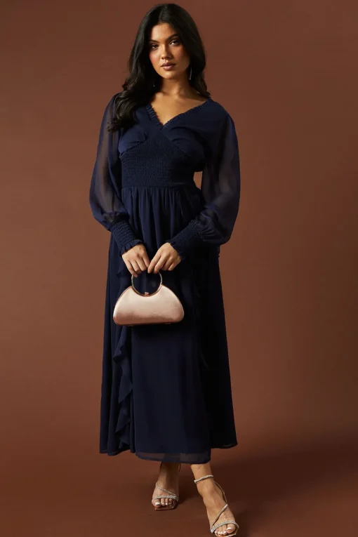 Plain Ruffle Detail Shirred Waist Midaxi Dress