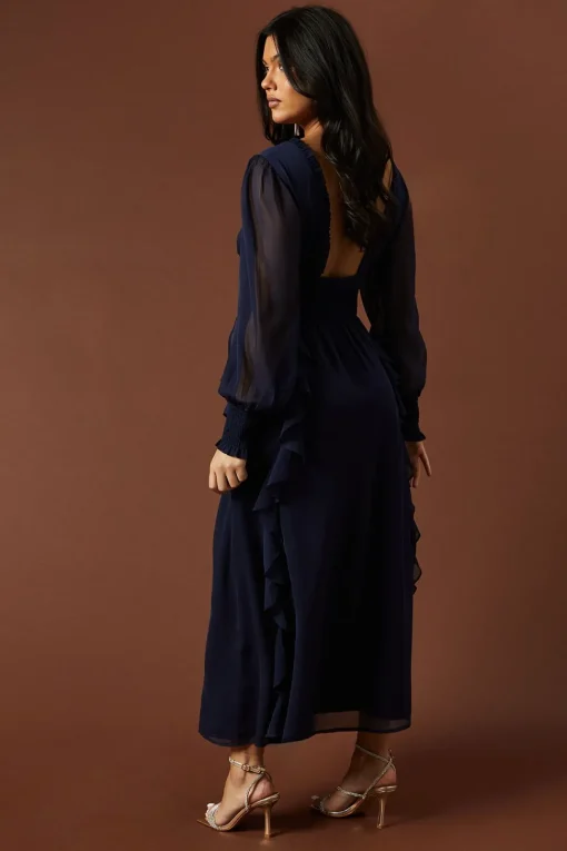 Plain Ruffle Detail Shirred Waist Midaxi Dress