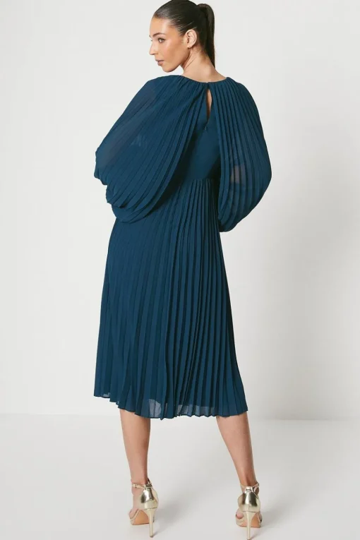 Pleated Georgette Dress With Oversized Sleeve
