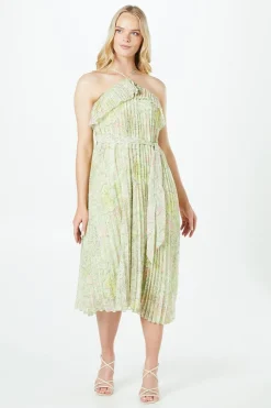 Pleated Halterneck Double Layer Midi Dress