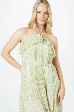 Pleated Halterneck Double Layer Midi Dress