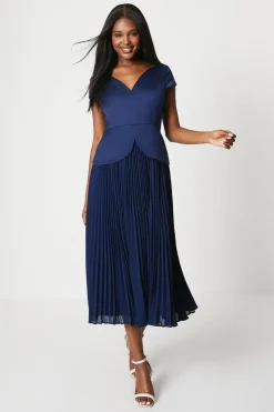 Pleated Skirt Overlay Bodice Midi Dress