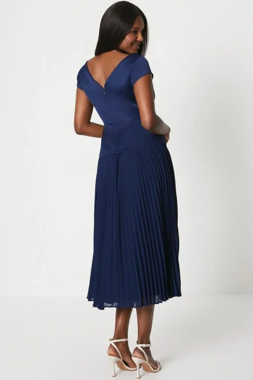 Pleated Skirt Overlay Bodice Midi Dress