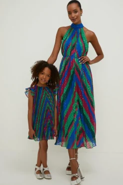 Pleated Stripe Halter Neck Trapeze Midi Dress
