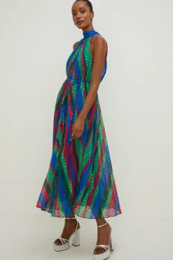 Pleated Stripe Halter Neck Trapeze Midi Dress