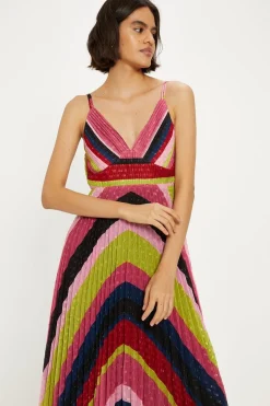 Pleated Stripe Metallic Strappy Midi Dress