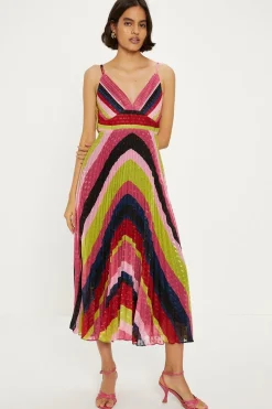 Pleated Stripe Metallic Strappy Midi Dress