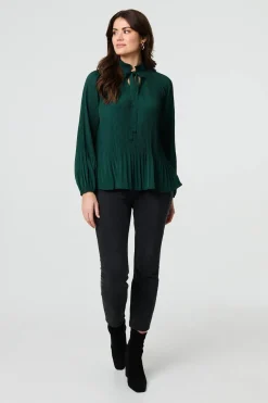 Pleated Tie Neck Long Sleeve Blouse