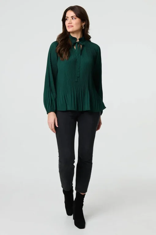 Pleated Tie Neck Long Sleeve Blouse